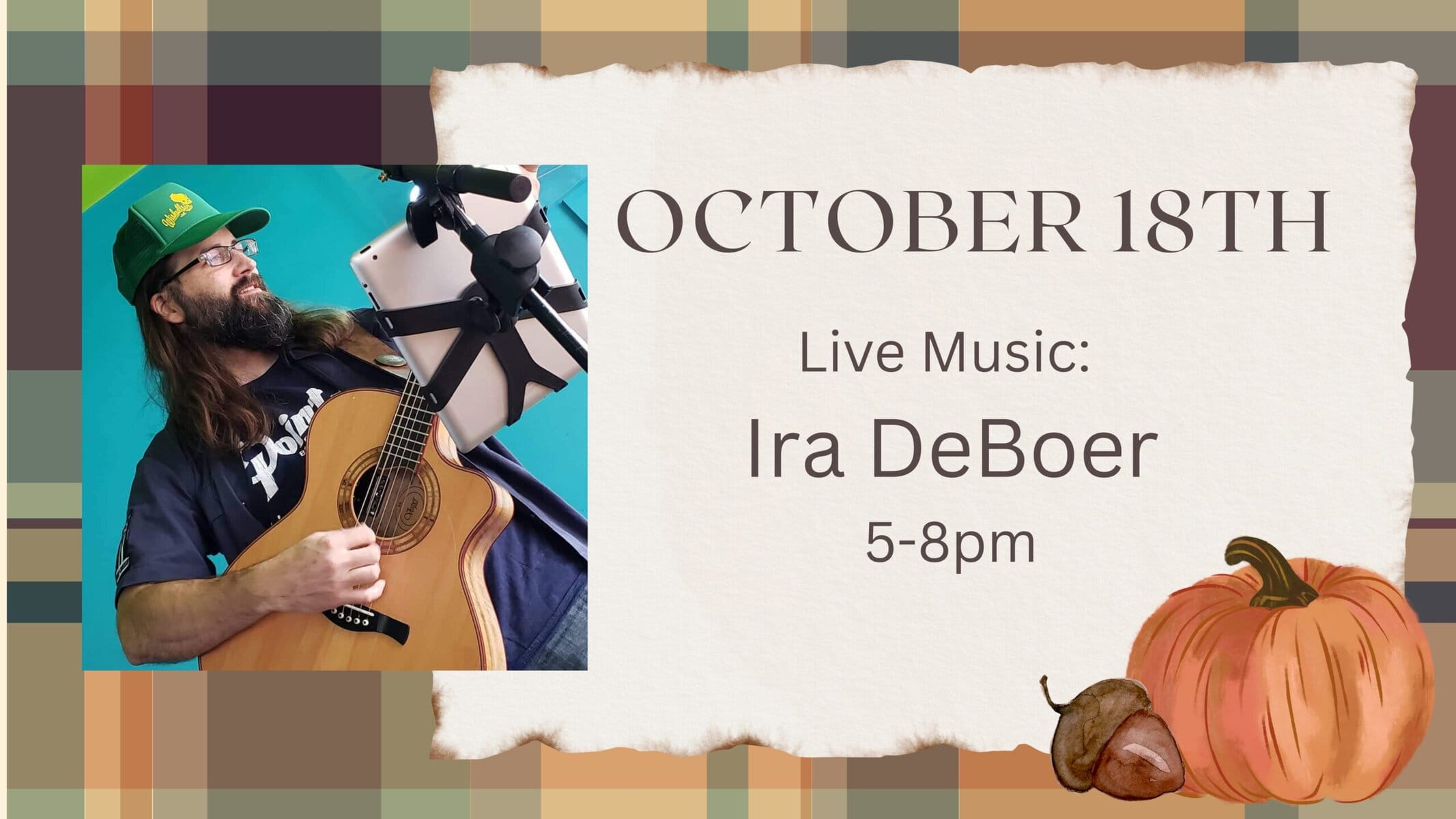 Live music event October 18th with guitar performance.