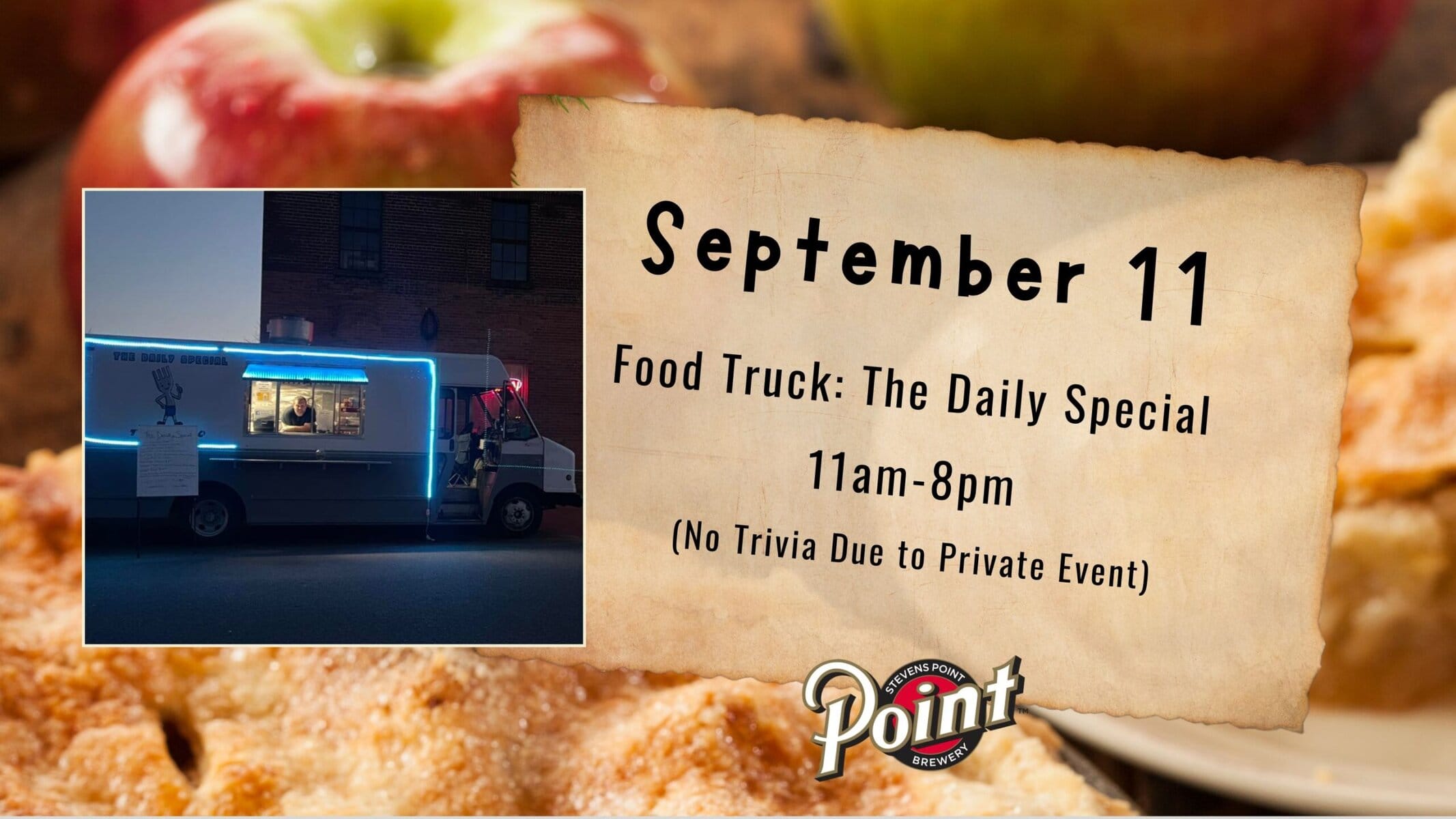 Food truck event on September 11, 11am-8pm.