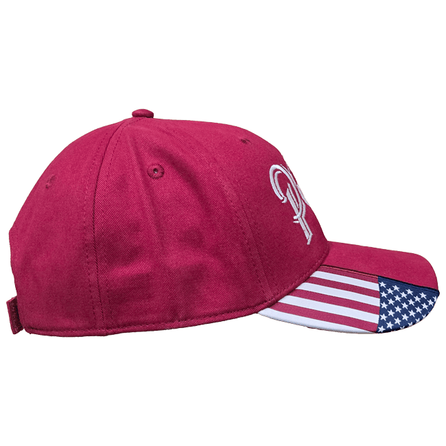 Red baseball cap with American flag brim