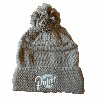 Olive green knitted hat with pom-pom and embroidered logo.