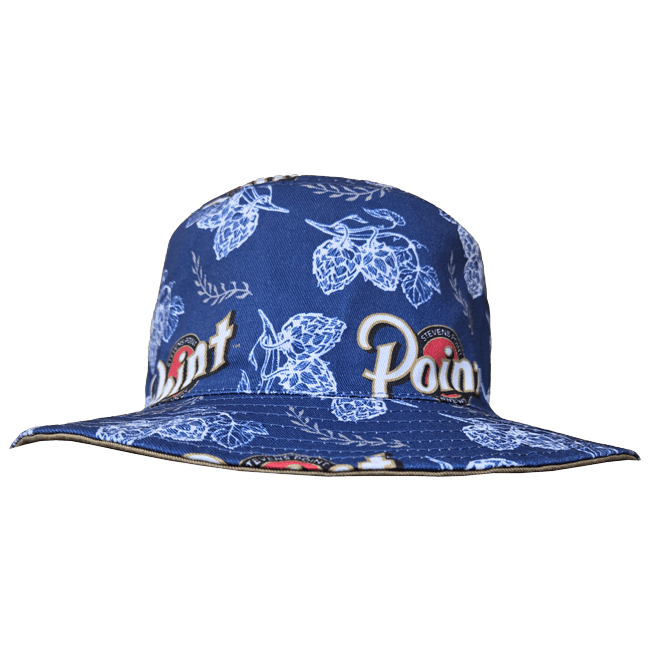 Blue bucket hat with white hop pattern and logos