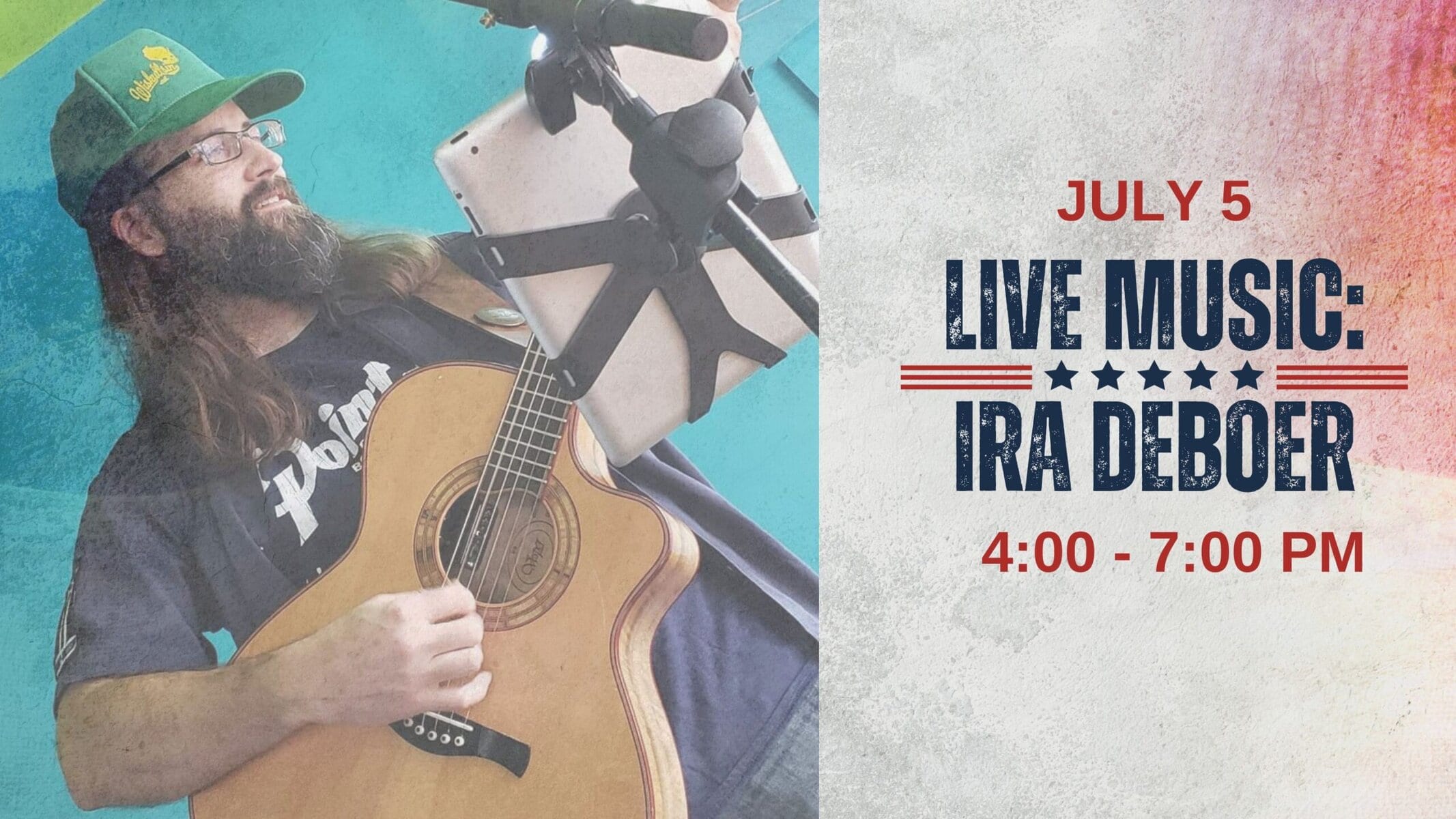 Live music event, July 5, 4-7 PM.