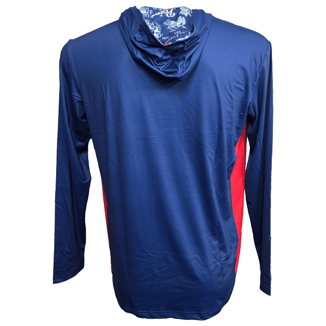 Back of blue long sleeve with hood.