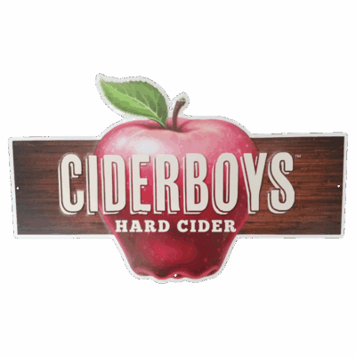 Ciderboys Hard Cider logo with apple illustration.
