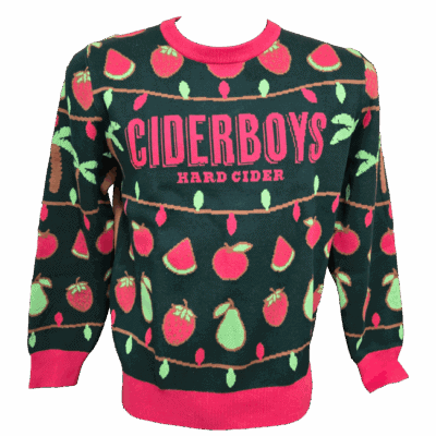 Ciderboys sweater with fruit design and text.