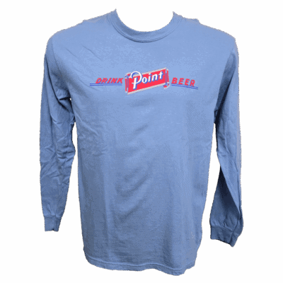 Blue long-sleeve shirt with 'Drink Point Beer' logo.