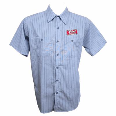 Striped button-up shirt with embroidered logo.