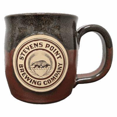 Stevens Point Brewing Company logo on ceramic mug.