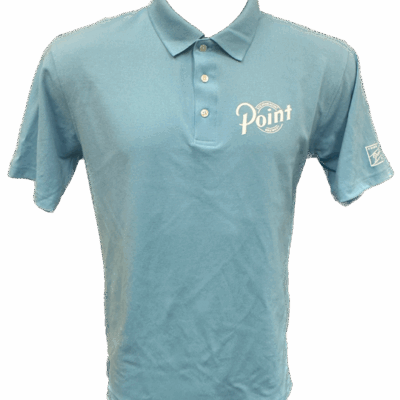 Blue polo shirt with embroidered logo design.