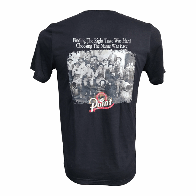 Black t-shirt with vintage brewery design and logo.