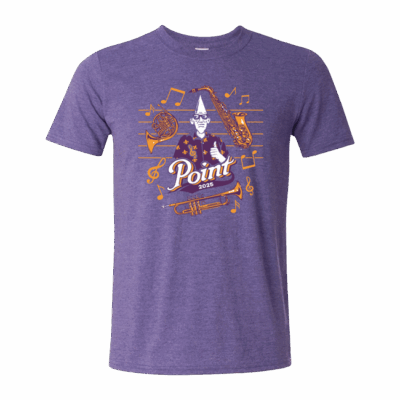 Purple t-shirt with music-themed graphic design
