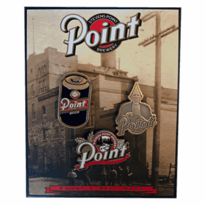 Stevens Point Brewery pins and vintage building backdrop.