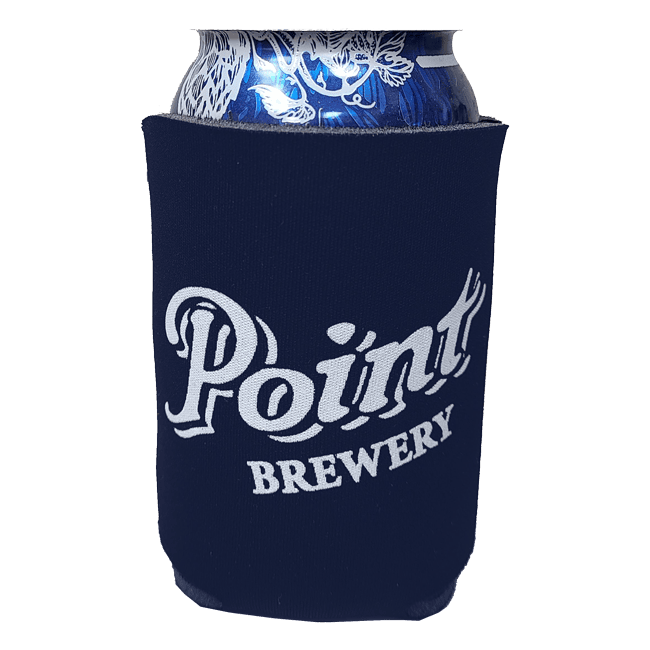 Blue can cooler with 'Point Brewery' logo.