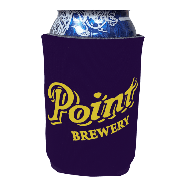 Point Brewery can in a blue koozie.