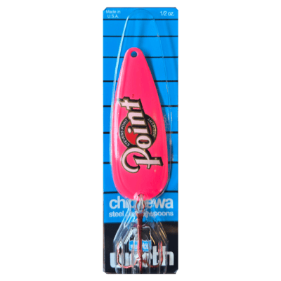 Pink fishing spoon with Point logo, and red hook.