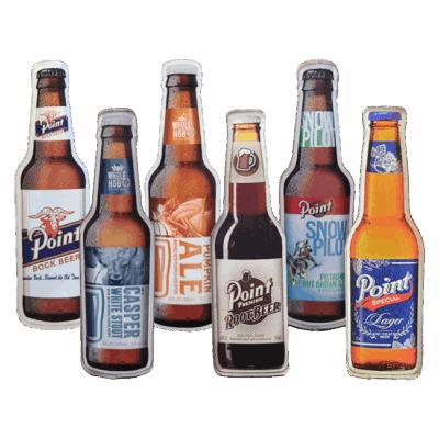 Assorted Point Brewery beer and root beer bottle magnets.