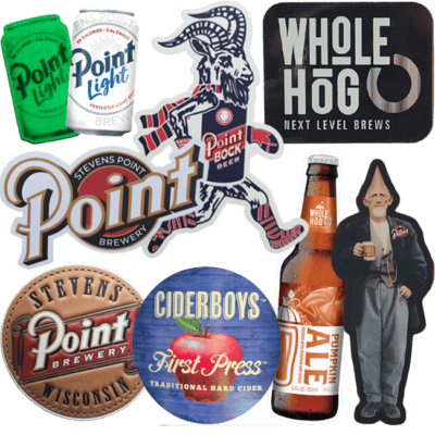 Group picture of all stickers available including Glow-in-the-dark Point Light Can, Bock Goat, Whole Hog logo, Point Brewery logo, Faux Leather Point Brewery logo, Ciderboys First Press logo, Pumpkin Ale bottle, and Conehead.