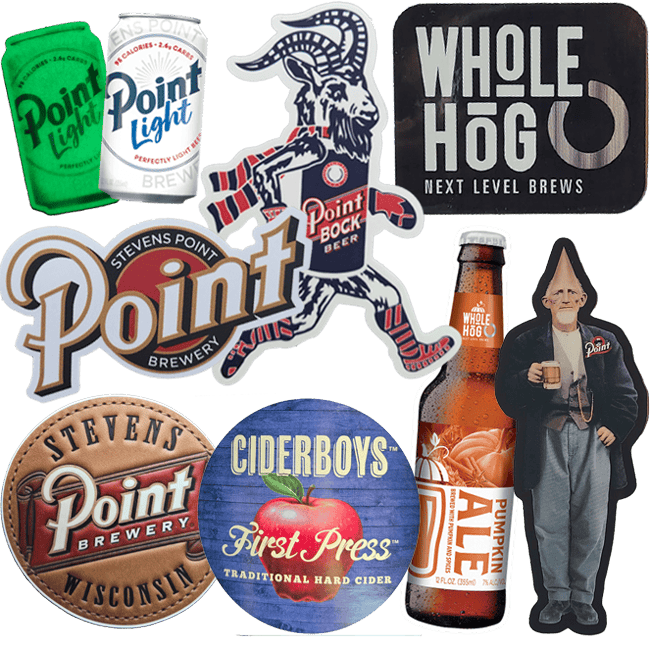 Group picture of all stickers available including Glow-in-the-dark Point Light Can, Bock Goat, Whole Hog logo, Point Brewery logo, Faux Leather Point Brewery logo, Ciderboys First Press logo, Pumpkin Ale bottle, and Conehead.