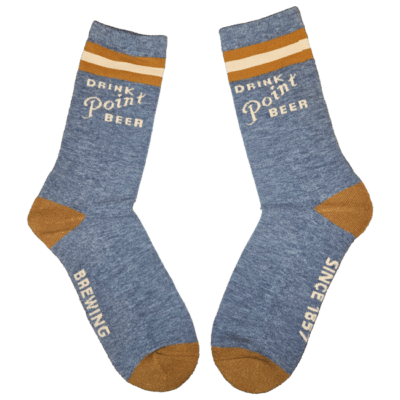 Light blue crew socks with gold accents.