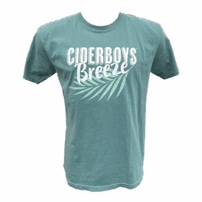 Ciderboys Breeze teal t-shirt with palm design.