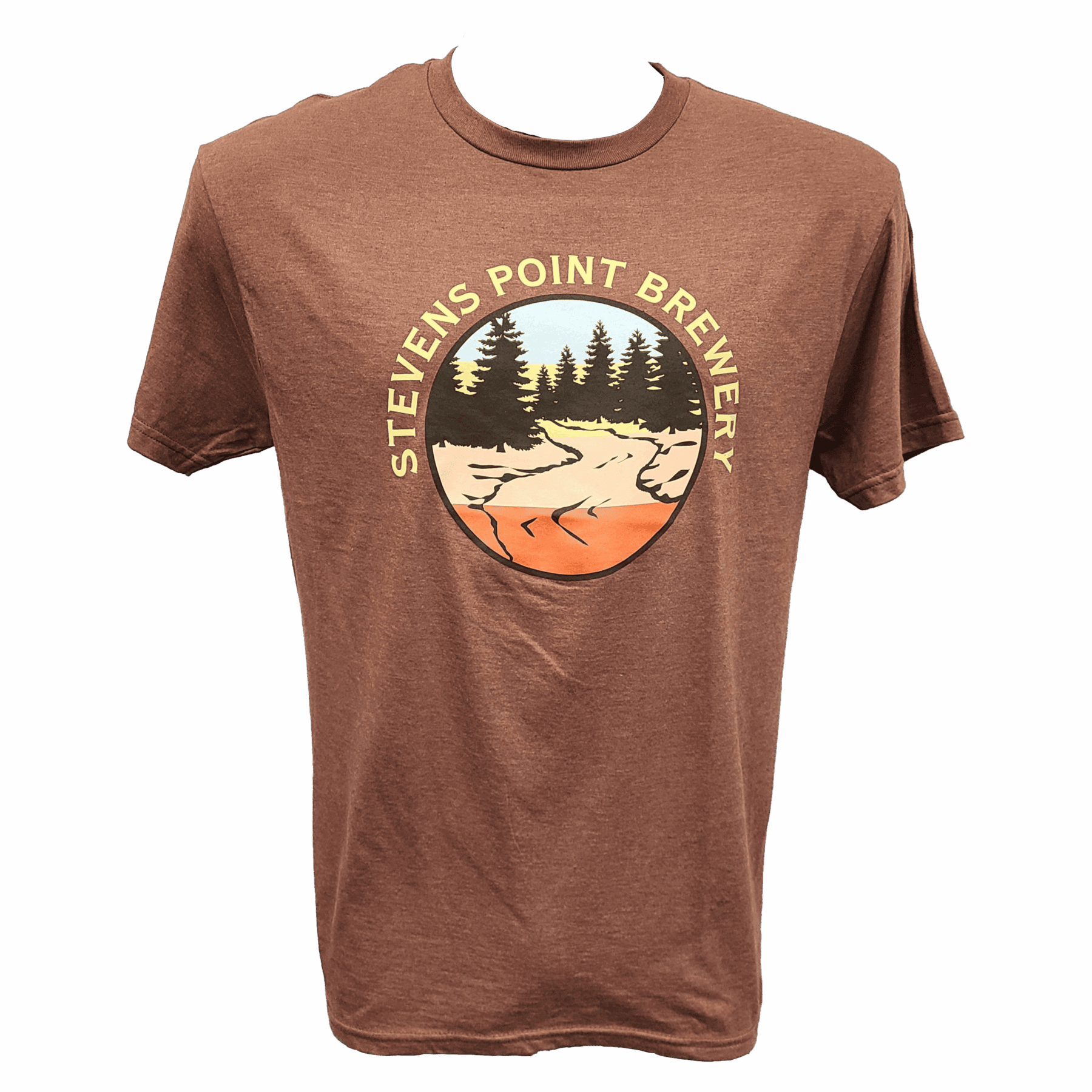 Brown t-shirt with nature graphic and brewery logo