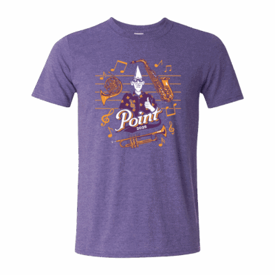 Purple 2025 music-themed t-shirt with instruments graphic.