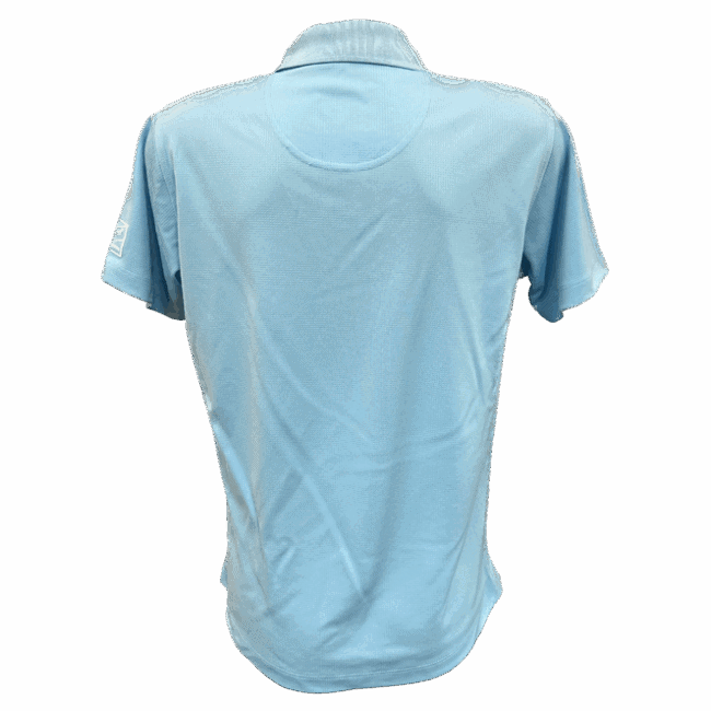 Back of light blue polo shirt