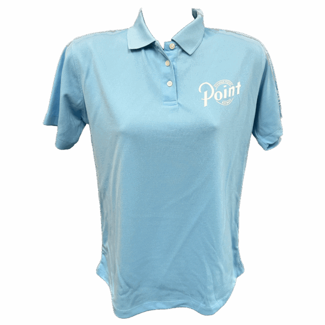 Light blue polo shirt with Point logo on chest.