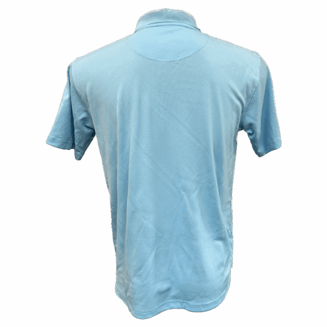 Back view of light blue polo shirt.