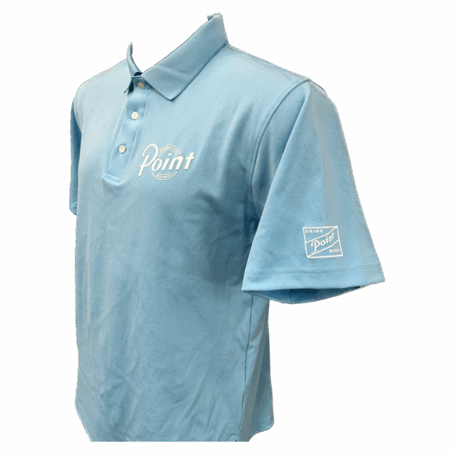 Light blue polo shirt with logos.