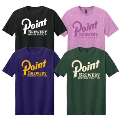 Point Brewery short sleeve shirts in black, magenta, purple, and dark green.