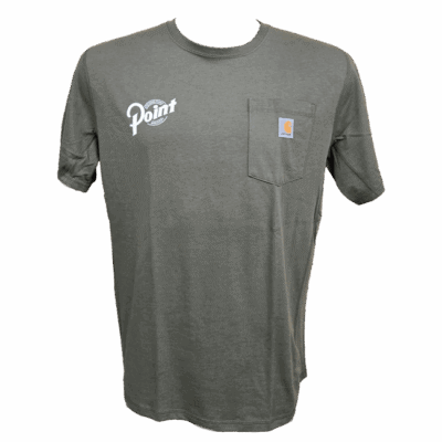 Olive green t-shirt with pocket and logo print.