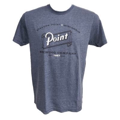 Front view of blue t-shirt with the words Stevens Point Brewing Company in black and cream.